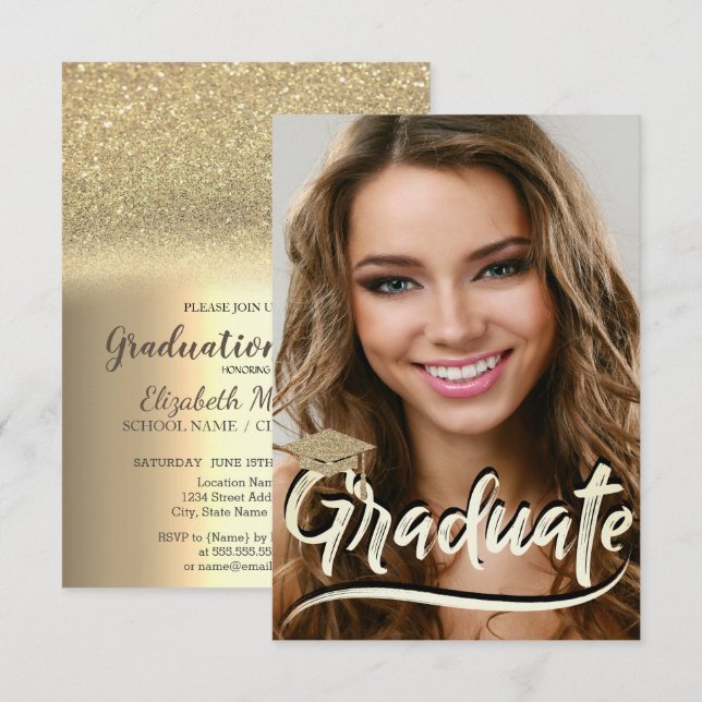 Elegant Glitter Cap,Photo Graduation Party Invitation (Front/Back)