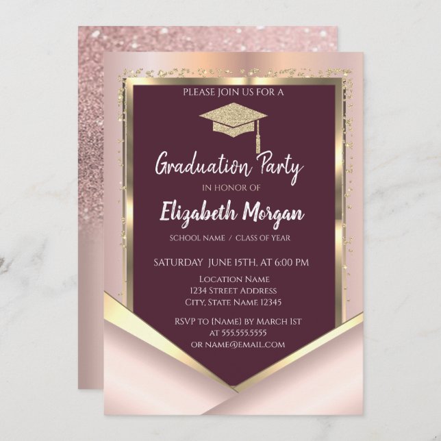 Elegant Glitter  Diamonds Maroon Graduation  Invitation (Front/Back)