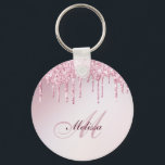 elegant glitter drip trendy girly personalized keychain<br><div class="desc">Elegant monogram and editable script with personalized name on faux rose gold purple girly glitter background.</div>