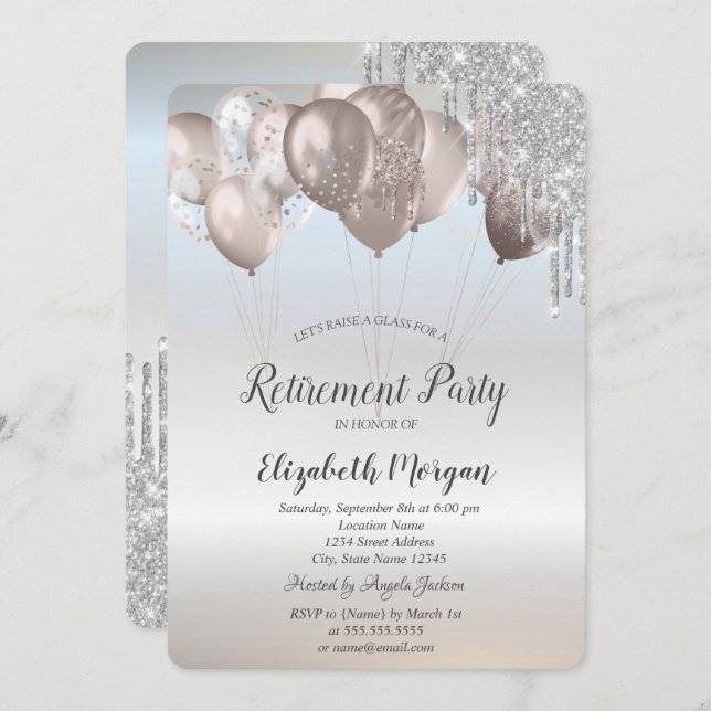 Elegant Glitter Drips Balloons Silver Retirement   Invitation (Front/Back)