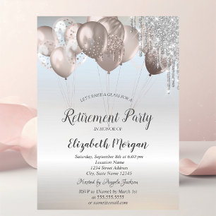 Elegant Glitter Drips Balloons Silver Retirement Invitation