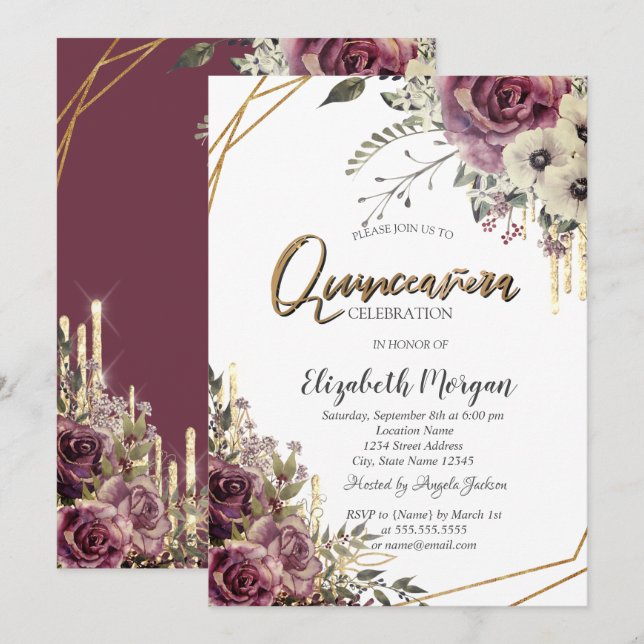Elegant Glitter Drips,Floral Quinceañera Party Invitation (Front/Back)