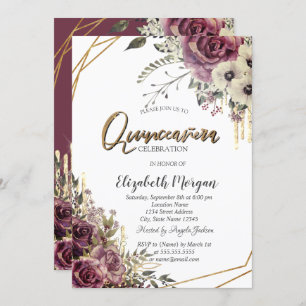 Elegant Glitter Drips,Floral Quinceañera Party Invitation