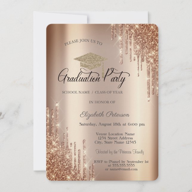 Elegant Glitter Drips,Grad Cap Graduation  Invitation (Front)
