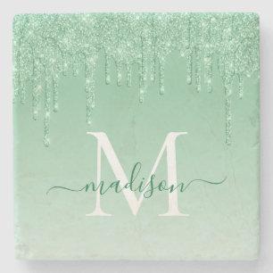 Elegant Glitter Drips Mint Green Monogram Script Stone Coaster