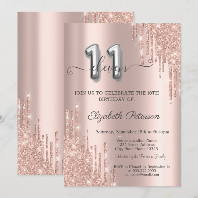 Elegant Glitter Drips Rose Gold 11th Birthday  Invitation (Front/Back)