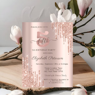 Elegant Glitter Drips Rose Gold 5th Birthday   Invitation