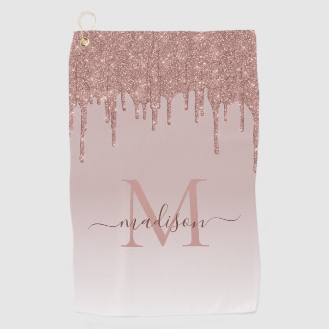 Elegant Glitter Drips Rose Gold Monogram Script Sh Golf Towel (Front)