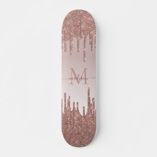 Elegant Glitter Drips Rose Gold Monogram Script Skateboard