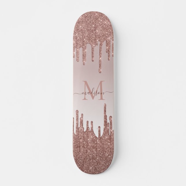 Elegant Glitter Drips Rose Gold Monogram Script Skateboard (Front)