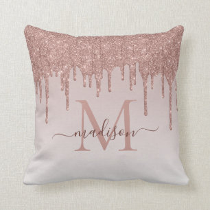 Elegant Glitter Drips Rose Gold Monogram Script Throw Pillow