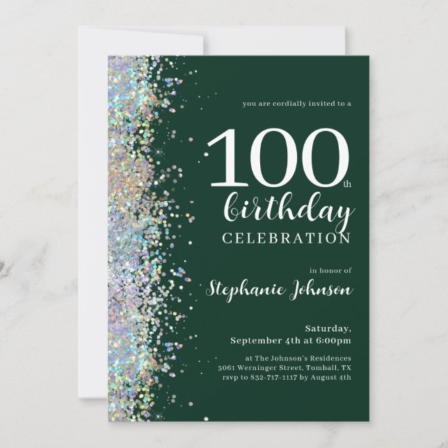 Elegant Glitter Emerald Green 100th Birthday Invitation (Front)