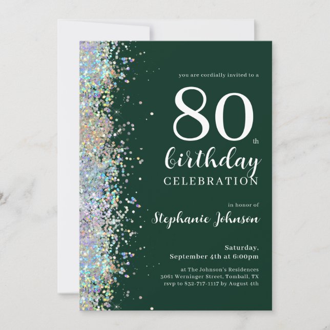 Elegant Glitter Emerald Green 80th Birthday Invitation (Front)