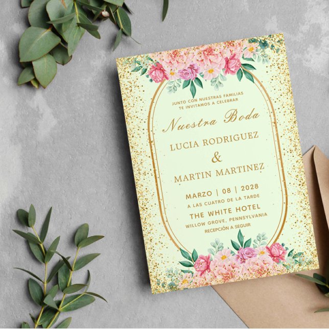 Elegant Glitter Floral Gold Green Nuestra Boda Invitation (Creator Uploaded)