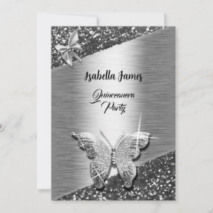 elegant glitter foil sparkle chic silver Butterfly Invitation