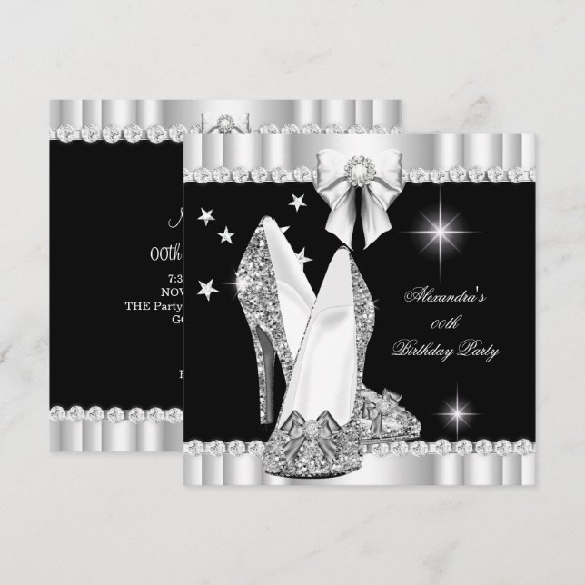 Elegant Glitter Glamour Hi Heels Silver Black 2 Invitation (Front/Back)