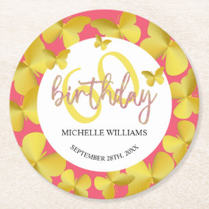 Elegant Glitter Gold Butterfly Calligraphy Round Paper Coaster
