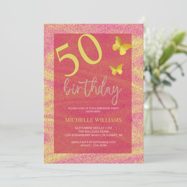 Elegant Glitter Gold Calligraphy Floral Birthday Invitation (Standing Front)