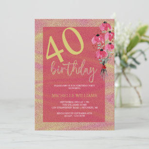 Elegant Glitter Gold Calligraphy Floral Birthday Invitation