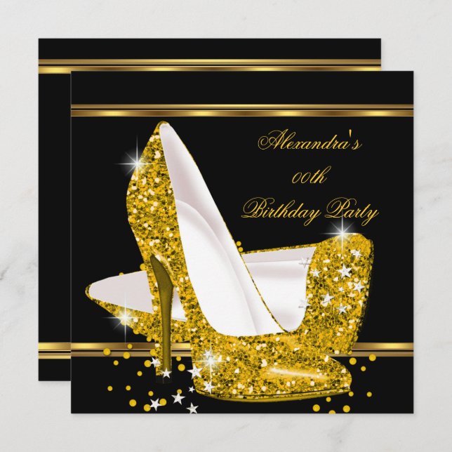 Elegant Glitter Gold Glamour High Heel Black Invitation (Front/Back)