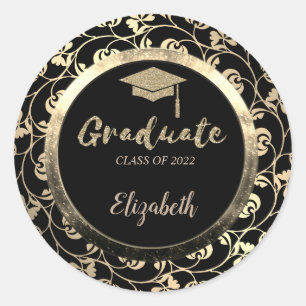 Elegant Glitter Gold Grad Cap,Floral Classic Round Sticker