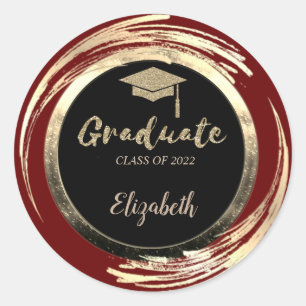 Elegant Glitter Gold Grad Cap,Red Classic Round Sticker