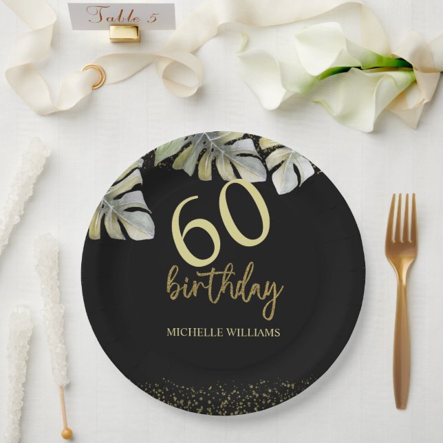 Elegant Glitter Gold Palm Calligraphy Birthday Paper Plate (Wedding)
