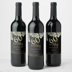 Elegant Glitter Gold Palm Calligraphy Birthday Wine Label