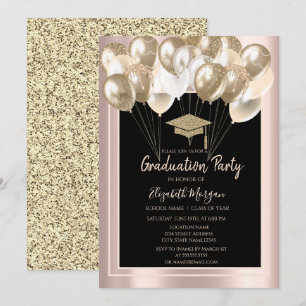 Elegant Glitter Grad Cap,Balloons Rose Gold  Invitation