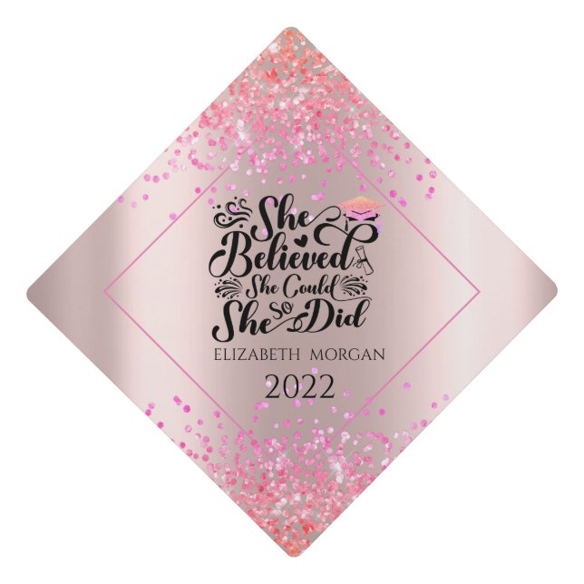 Elegant Glitter Graduate Cap,Confetti Rose Gold Graduation Cap Topper (Front)