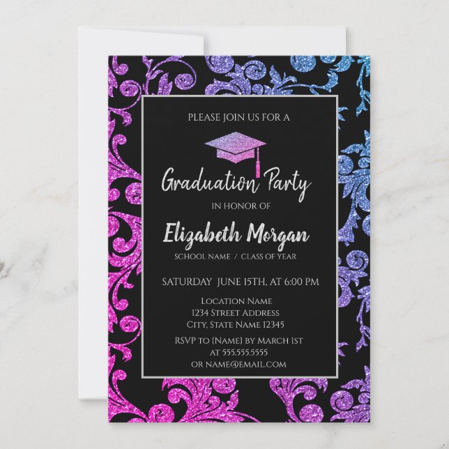 Elegant Glitter Graduation Cap,Ombre Swirls  Invitation (Front)
