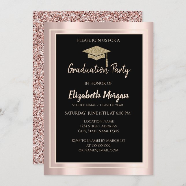 Elegant Glitter Graduation Cap Rose Gold Glitter Invitation (Front/Back)