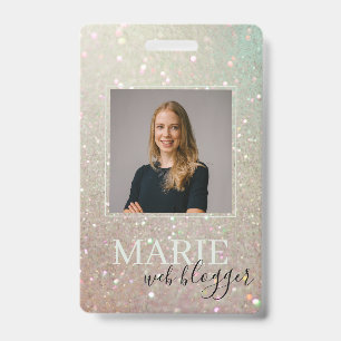 Elegant Glitter Green Pink Aqua Shiny Photo Badge