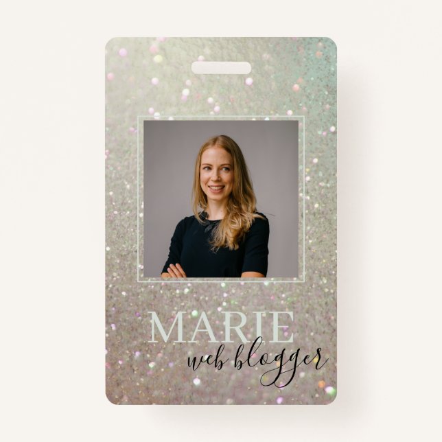 Elegant Glitter Green Pink Aqua Shiny Photo Badge (Front)