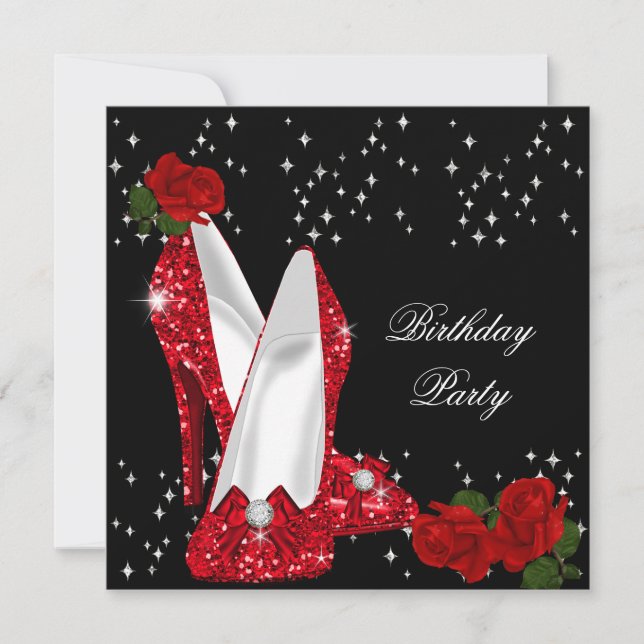 Elegant Glitter High Heels Red Rose Birthday 3 Invitation (Front)