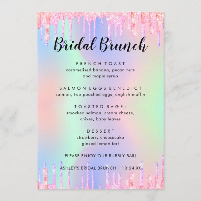 Elegant Glitter Holographic Bridal Brunch Menu (Front)