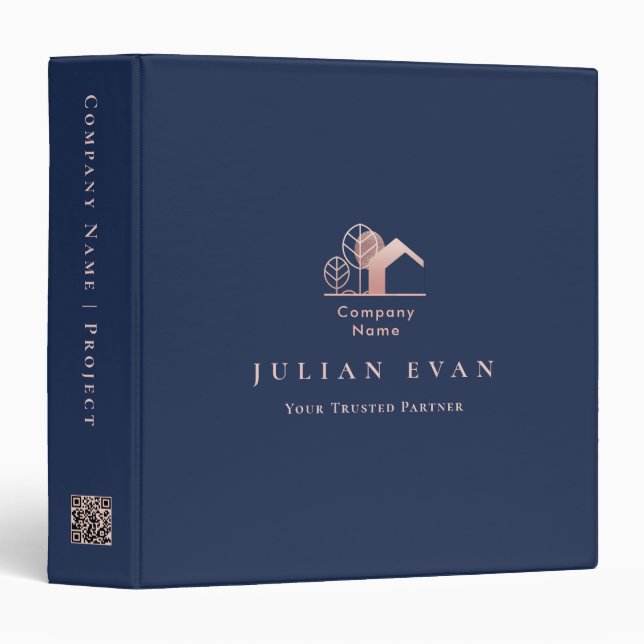 Elegant Glitter House Logo Navy Blue Rose Gold Binder (Front/Spine)