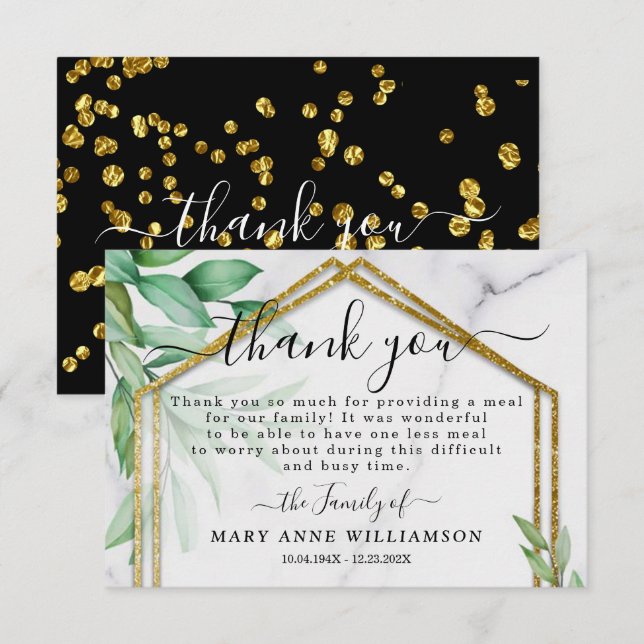 Elegant Glitter Leaves Funeral Food Thank You Card (Front/Back)