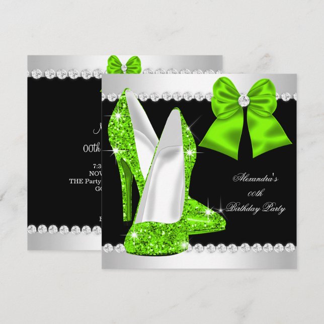 Elegant Glitter Lime Green High Heels Birthday Invitation (Front/Back)