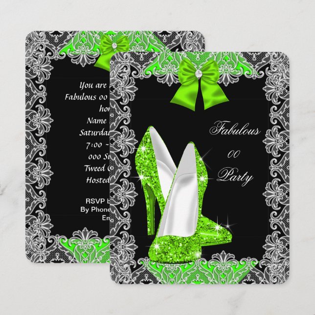 Elegant Glitter Lime Green Stiletto Fabulous Party Invitation (Front/Back)