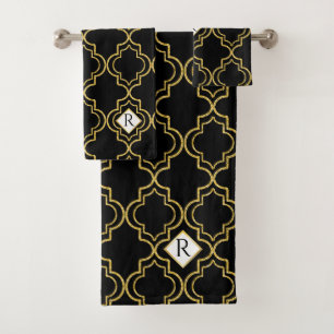 Elegant Glitter Look Black   Gold Moroccan Tile Bath Towel Set
