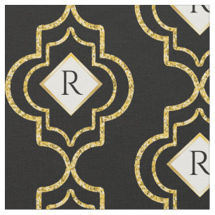 Elegant Glitter Look Black   Gold Moroccan Tile Fabric