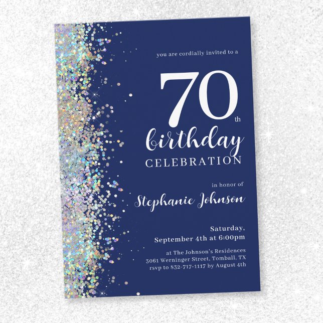 Elegant Glitter Navy Blue 70th Birthday Invitation (Elegant Glitter Navy Blue 70th Birthday Invitation)