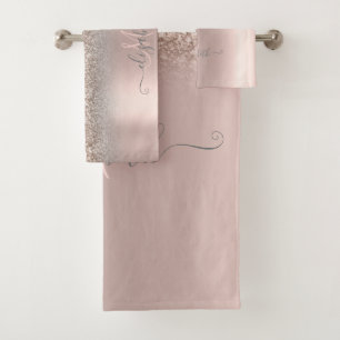 Elegant Glitter Ombre Rose Gold Monogram  Bath Towel Set