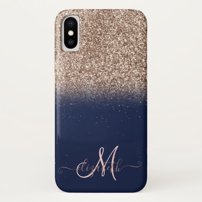 Elegant Glitter Ombre Rose Gold Monogram Navy Blue Case-Mate iPhone Case (Back)