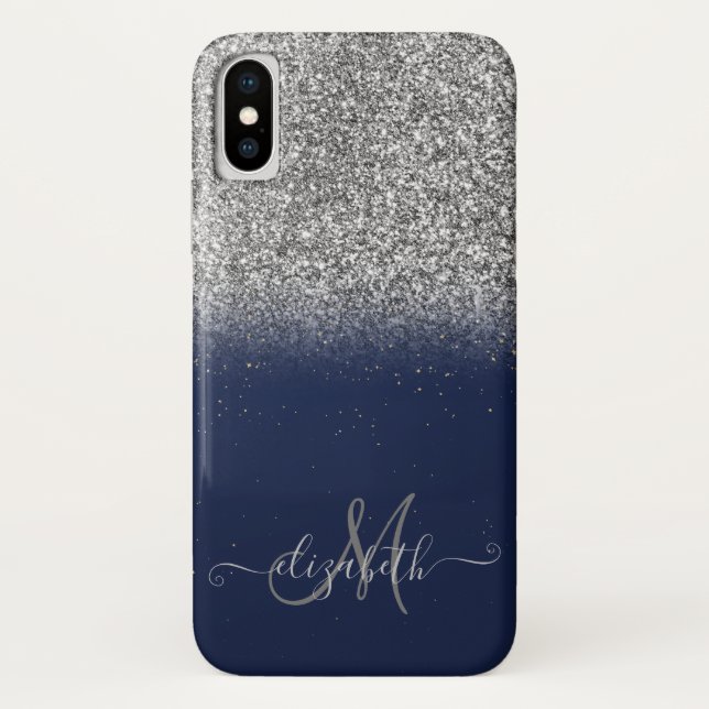 Elegant Glitter Ombre Silver Monogram Navy Blue Case-Mate iPhone Case (Back)