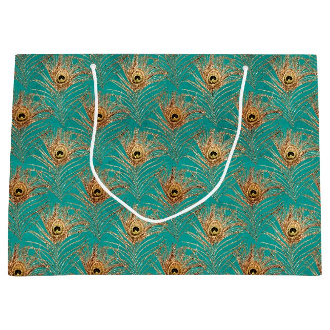 Elegant Glitter Peacock Feathers Pattern  Large Gift Bag (Front)
