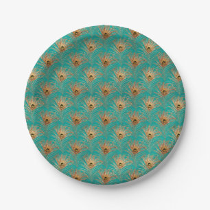 Elegant Glitter Peacock Feathers Pattern  Paper Plate