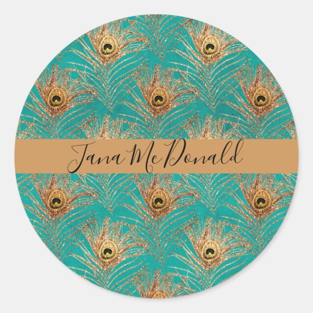 Elegant Glitter Peacock Feathers Personalized  Classic Round Sticker (Front)