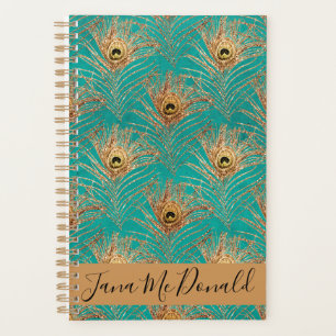 Elegant Glitter Peacock Feathers Personalized  Planner